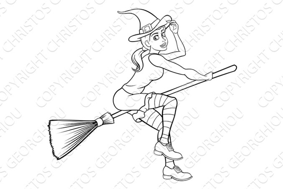 Cartoon Halloween Witch Flying on her Broomstick