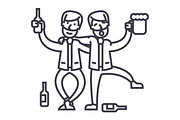 drunk people,drunk party,two men drinking vector line icon, sign, illustration on background, editable strokes