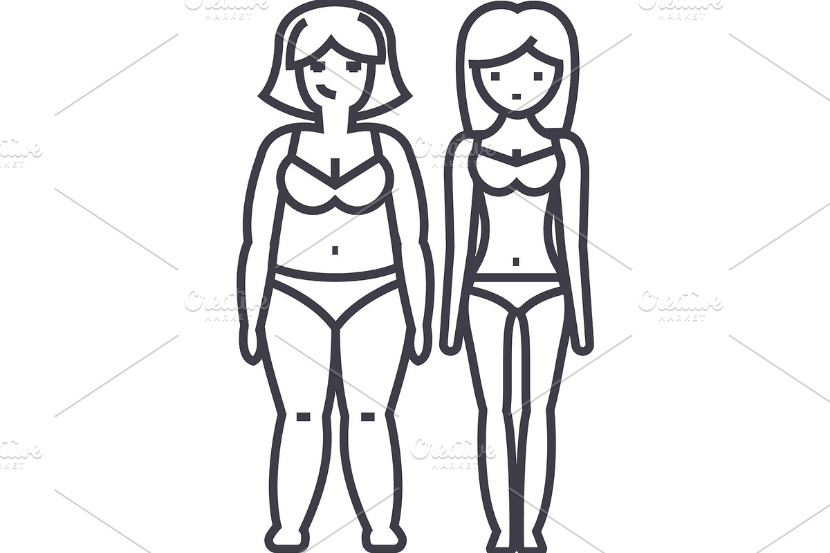 fat and slim woman, before and after diet, fitness vector line icon, sign, illustration on background, editable strokes in Illustrations - product preview 8