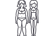 fat and slim woman, before and after diet, fitness vector line icon, sign, illustration on background, editable strokes