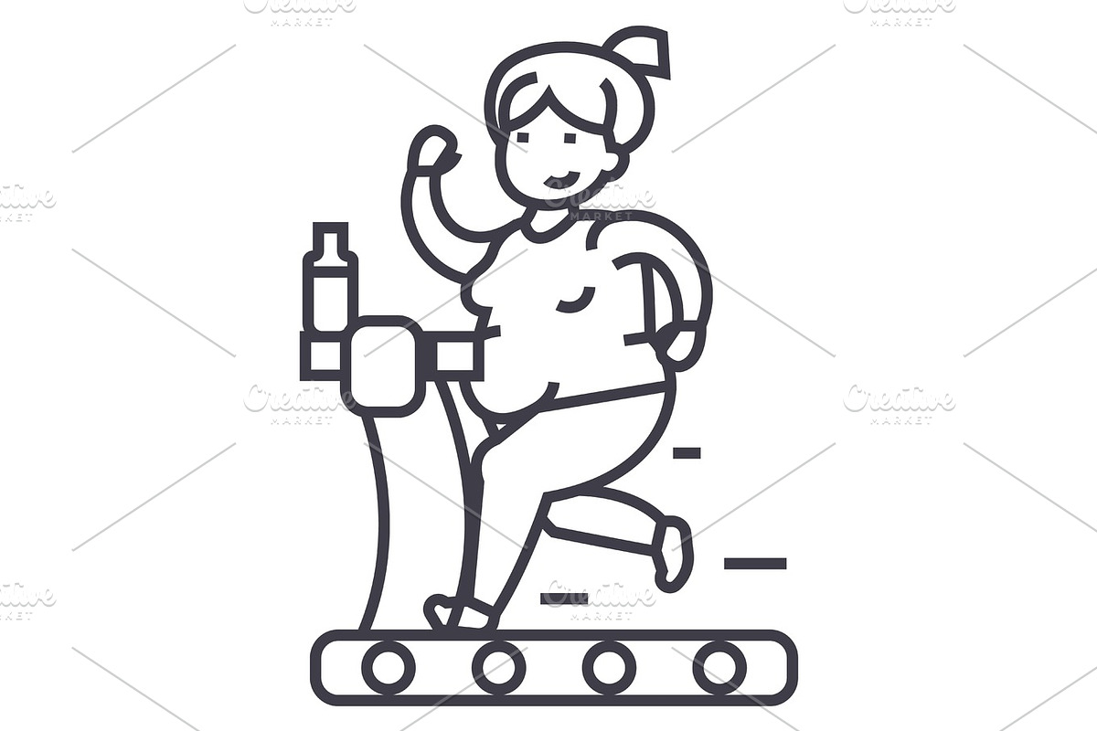 fat woman running in gym vector line icon, sign, illustration on background, editable strokes in Illustrations - product preview 8