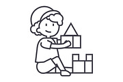 boy playing with toys,box of bricks vector line icon, sign, illustration on background, editable strokes