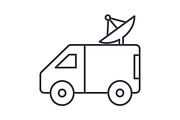 broadcasting car with satellite dish vector line icon, sign, illustration on background, editable strokes