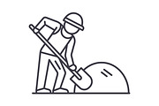 builder working with shovel vector line icon, sign, illustration on background, editable strokes