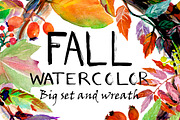 Watercolor fall leaves and wreath
