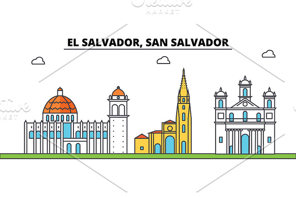 El Salvador, San Salvador outline city skyline, linear illustration, banner, travel landmark, buildings silhouette,vector