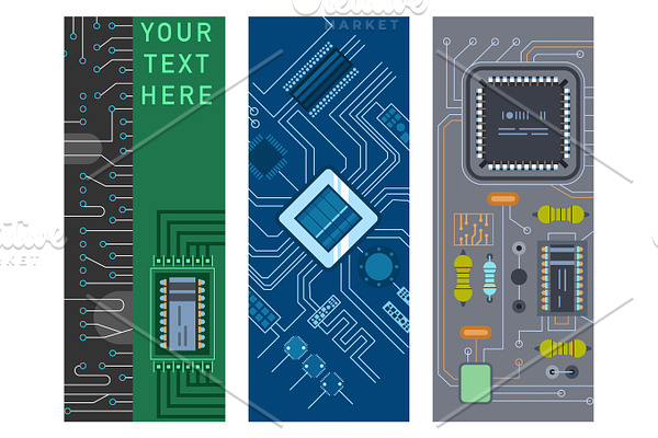 Computer IC chip template microchip brochure circuit board design abstract background vector illustration.