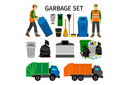 Garbage trucks, trash can and sweeper