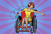 Modern joyful teen girl disabled in a wheelchair, listening to m