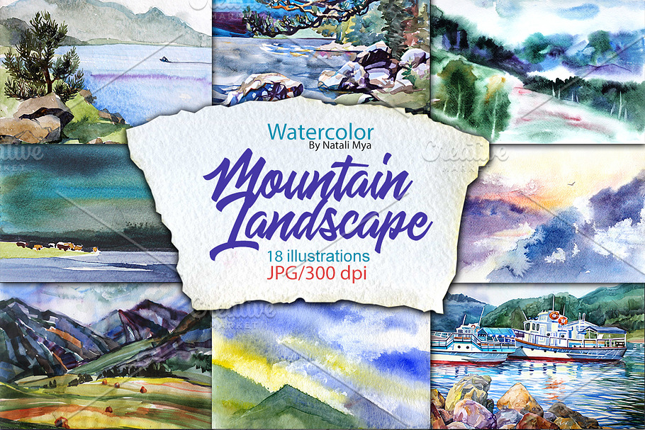 Watercolor Mountain Landscapes in Illustrations - product preview 8