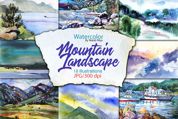 Watercolor Mountain Landscapes in Illustrations - product preview 1