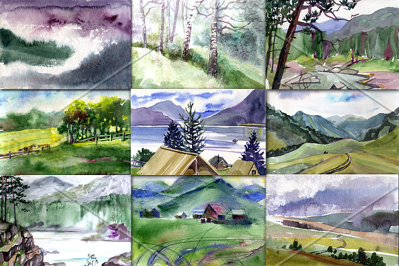 Watercolor Mountain Landscapes in Illustrations - product preview 2