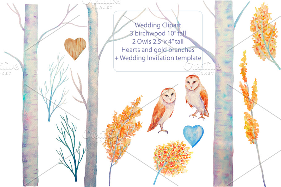 Wedding Watercolor Birchwood Owls