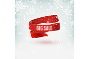 Big sale. Red ribbon on winter background.