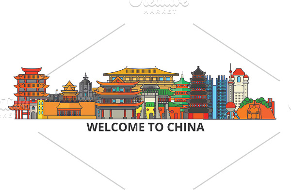 China outline skyline, chinese flat thin line icons, landmarks, illustrations. China cityscape, chinese vector travel city banner. Urban silhouette