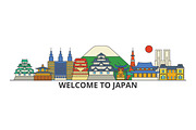 Japan outline skyline, japanese flat thin line icons, landmarks, illustrations. Japan cityscape, japanese travel city vector banner. Urban silhouette