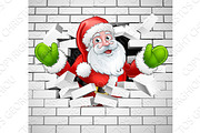 Santa Cartoon Breaking Through a Brick Wall