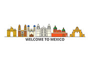 Mexico outline skyline, mexican flat thin line icons, landmarks, illustrations. Mexico cityscape, mexican travel city vector banner. Urban silhouette