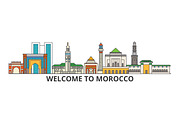 Morocco outline skyline, Moroccan flat thin line icons, landmarks, illustrations. Morocco cityscape, Moroccan travel city vector banner. Urban silhouette