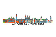 Netherlands outline skyline, dutch flat thin line icons, landmarks, illustrations. Netherlands cityscape, dutch travel city vector banner. Urban silhouette