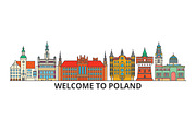 Poland outline skyline, polish flat thin line icons, landmarks, illustrations. Poland cityscape, polish travel city vector banner. Urban silhouette