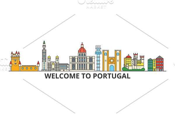 Portugal outline skyline, Portuguese flat thin line icons, landmarks, illustrations. Portugal cityscape, Portuguese travel city vector banner. Urban silhouette