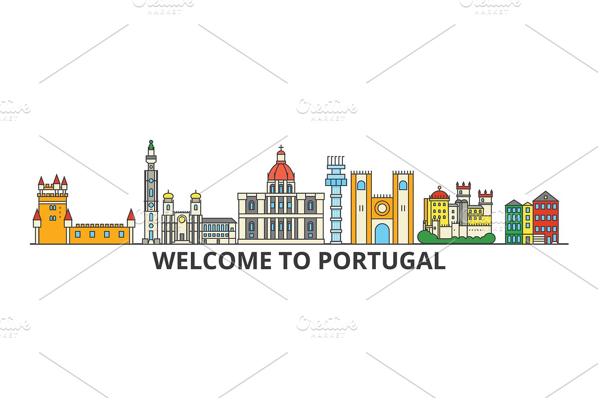Portugal outline skyline, Portuguese flat thin line icons, landmarks, illustrations. Portugal cityscape, Portuguese travel city vector banner. Urban silhouette in Illustrations - product preview 8