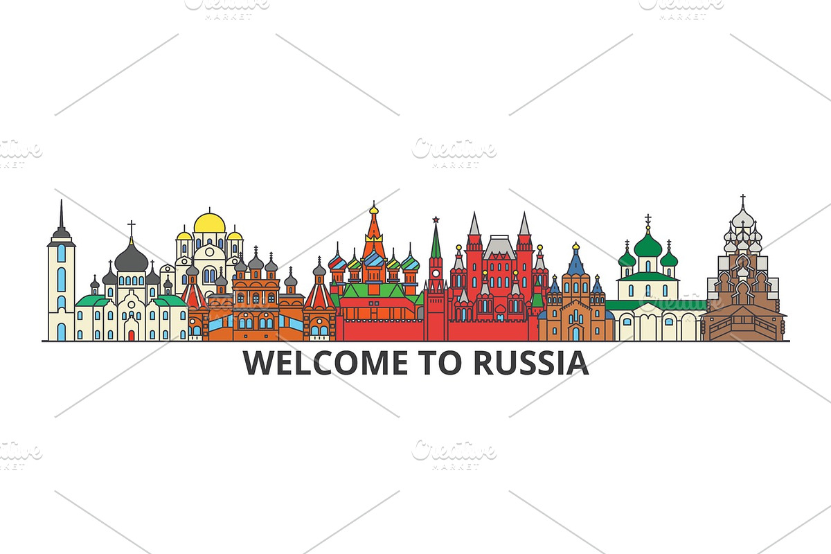 Russia outline skyline, russian flat thin line icons, landmarks, illustrations. Russia cityscape, russian travel city vector banner. Urban silhouette in Illustrations - product preview 8