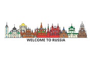 Russia outline skyline, russian flat thin line icons, landmarks, illustrations. Russia cityscape, russian travel city vector banner. Urban silhouette