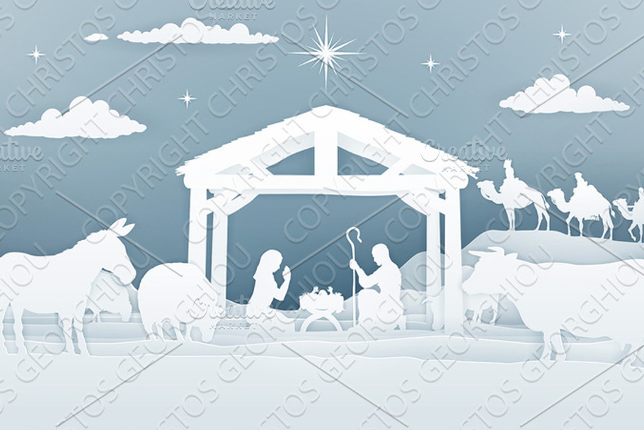 Nativity Christmas Scene Paper Art Style in Illustrations - product preview 8