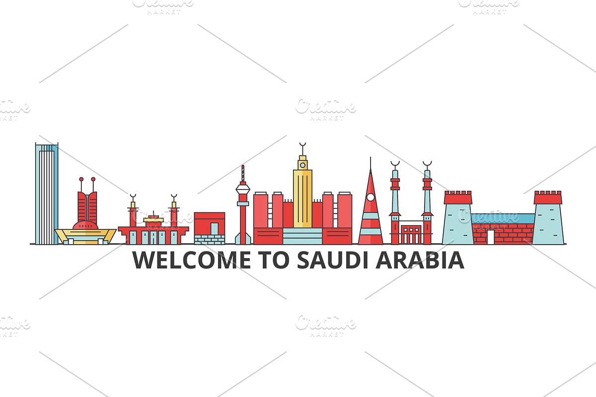 Saudi Arabia outline skyline, arab flat thin line icons, landmarks, illustrations. Saudi Arabia cityscape, arab travel city vector banner. Urban silhouette in Illustrations - product preview 8