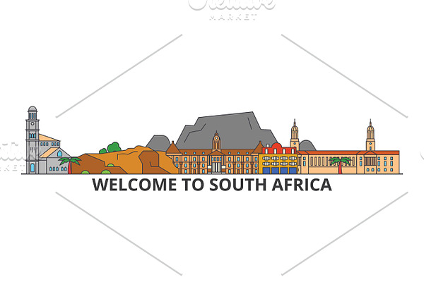 South Africa outline skyline, african flat thin line icons, landmarks, illustrations. South Africa cityscape, african travel city vector banner. Urban silhouette