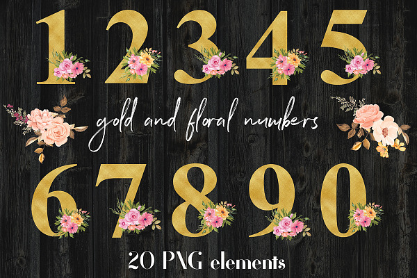 Gold And Floral Numbers Clipart