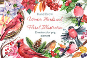 Winter birds and Floral illustration