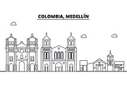 Colombia, Medellin architecture skyline buildings, silhouette, outline landscape, landmarks. Editable strokes. Urban skyline illustration. Flat design vector, line concept