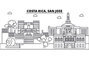 Costa Rica, San Jose architecture skyline buildings, silhouette, outline landscape, landmarks. Editable strokes. Urban skyline illustration. Flat design vector, line concept