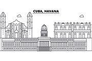 Cuba, Havana architecture skyline buildings, silhouette, outline landscape, landmarks. Editable strokes. Urban skyline illustration. Flat design vector, line concept