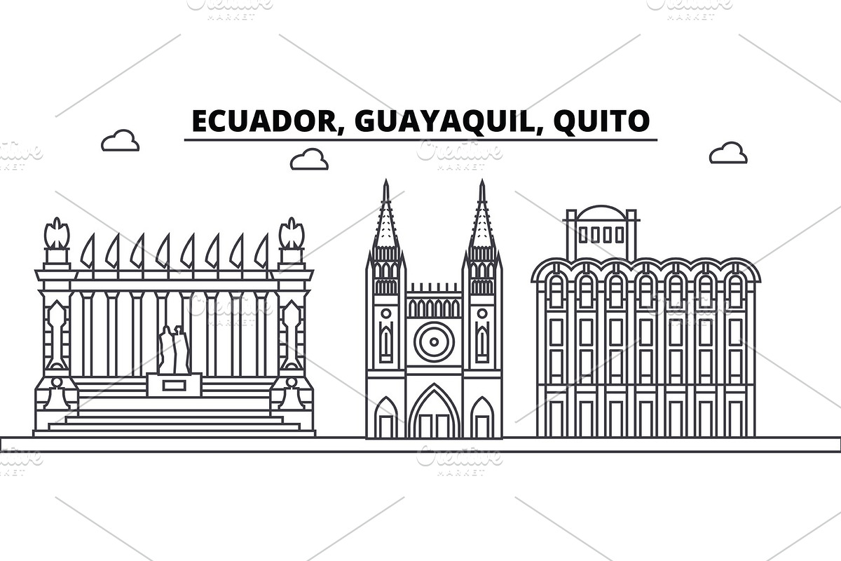 Ecuador, Guayaquil, Quito architecture skyline buildings, silhouette, outline landscape, landmarks. Editable strokes. Urban skyline illustration. Flat design vector, line concept in Illustrations - product preview 8