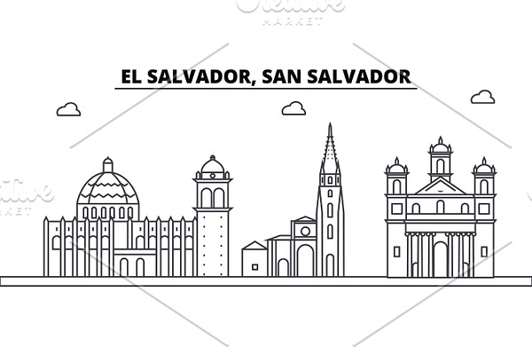 El Salvador, San Salvador architecture skyline buildings, silhouette, outline landscape, landmarks. Editable strokes. Urban skyline illustration. Flat design vector, line concept