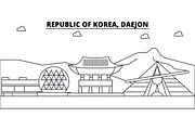 Republic Of Korea, Daejon architecture skyline buildings, silhouette, outline landscape, landmarks. Editable strokes. Urban skyline illustration. Flat design vector, line concept