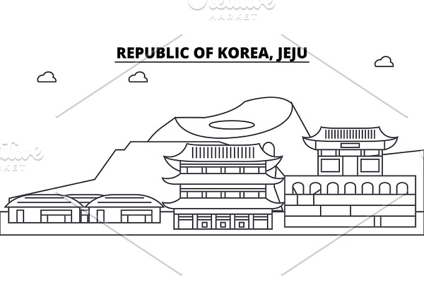 Republic Of Korea, Jeju architecture skyline buildings, silhouette, outline landscape, landmarks. Editable strokes. Urban skyline illustration. Flat design vector, line concept