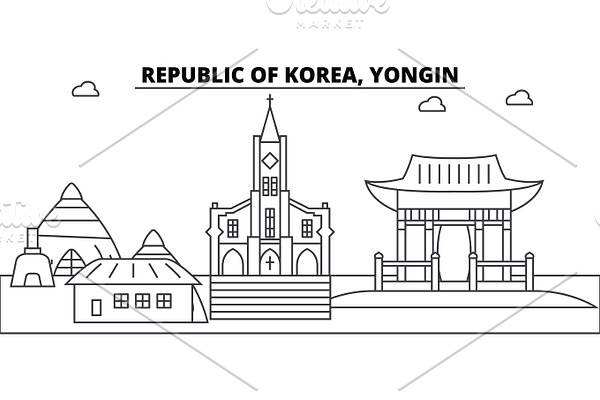 Republic Of Korea, Yongin architecture skyline buildings, silhouette, outline landscape, landmarks. Editable strokes. Urban skyline illustration. Flat design vector, line concept