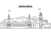 South Africa architecture skyline buildings, silhouette, outline landscape, landmarks. Editable strokes. Urban skyline illustration. Flat design vector, line concept