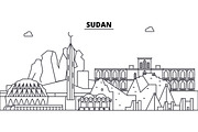 Sudan architecture skyline buildings, silhouette, outline landscape, landmarks. Editable strokes. Urban skyline illustration. Flat design vector, line concept