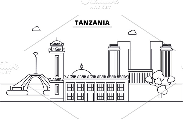 Tanzania architecture skyline buildings, silhouette, outline landscape, landmarks. Editable strokes. Urban skyline illustration. Flat design vector, line concept