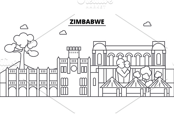 Zimbabwe architecture skyline buildings, silhouette, outline landscape, landmarks. Editable strokes. Urban skyline illustration. Flat design vector, line concept