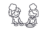 children cooking vector line icon, sign, illustration on background, editable strokes