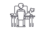 man working on computer on table, sitting back vector line icon, sign, illustration on background, editable strokes