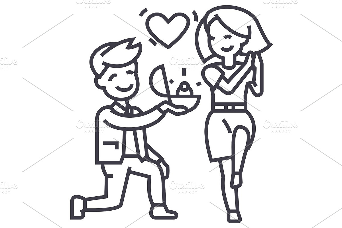 marriage proposal,man and woman, love ring vector line icon, sign, illustration on background, editable strokes in Graphics - product preview 8