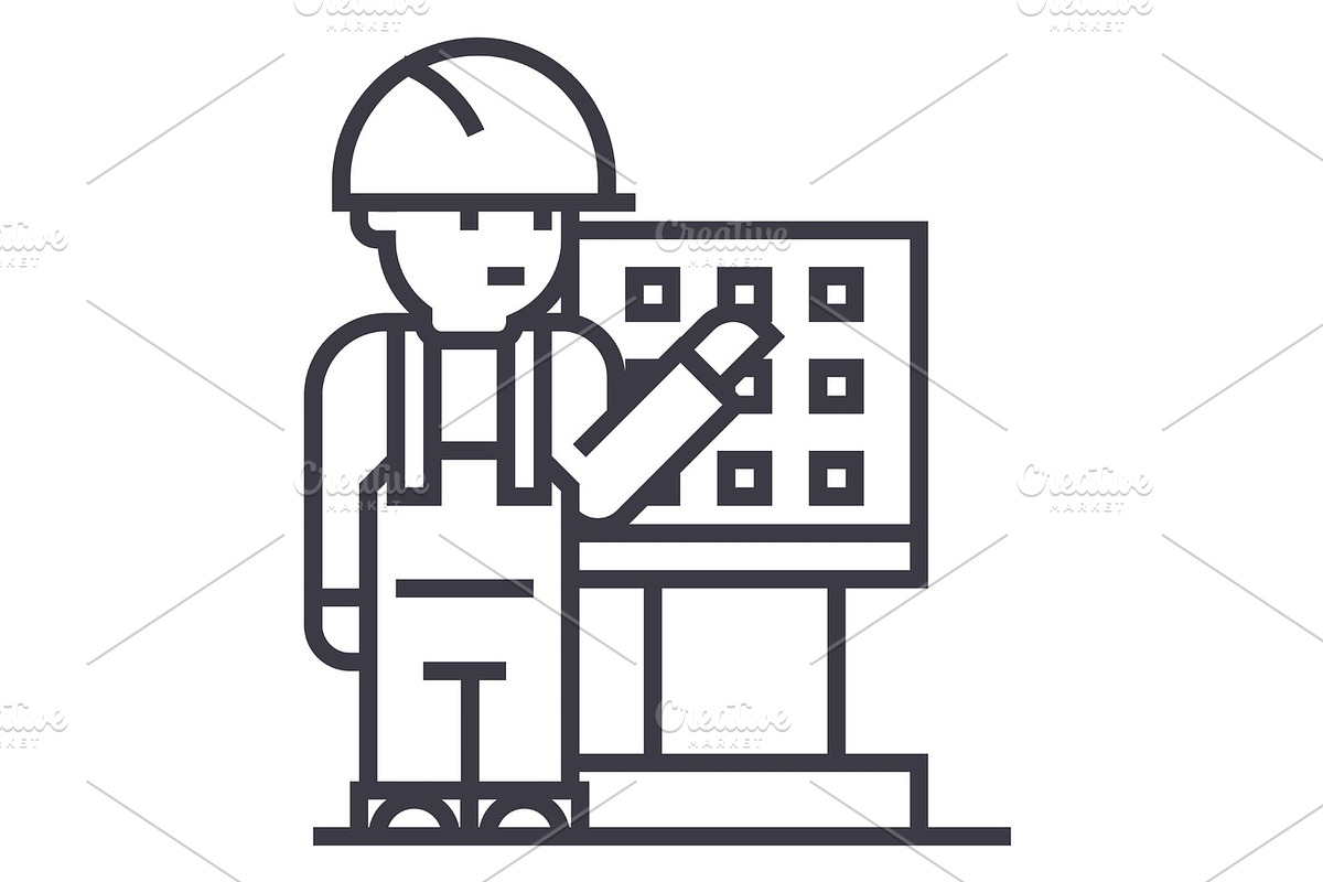 master,foreman,engineer with machine tool vector line icon, sign, illustration on background, editable strokes in Graphics - product preview 8
